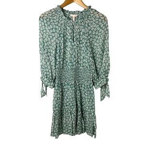 Rebecca Taylor Floral Silk Dress Smocked Waist Metallic Accents Green Size Small